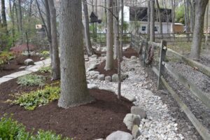 Landscaped garden with trees, stone pathways, dry rock creek bed, birdhouses, and fenced border.