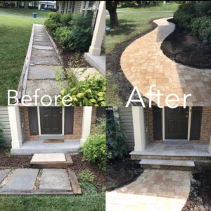 Before and after images showing walkway and entrance area upgraded from concrete slabs to curved paved stone.