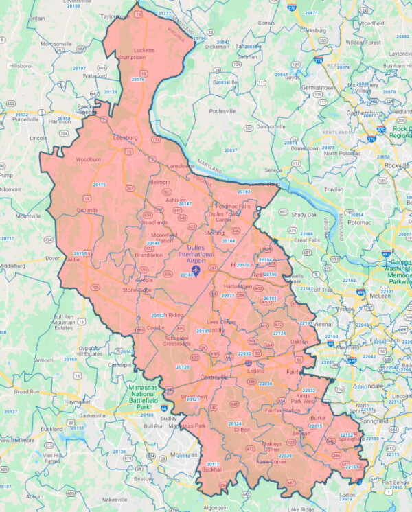 Map highlighting northern Virginia and western Maryland region with cities and roads.