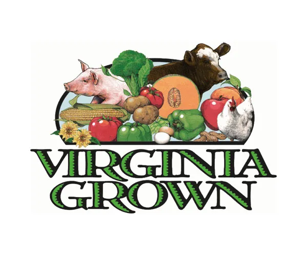 Virginia Grown logo with farm animals and various fruits and vegetables above the text.
